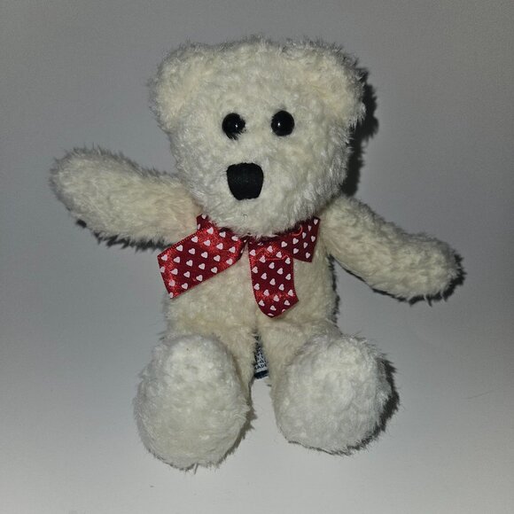 A&A White Teddy Bear Plush 7" Stuffed Animal Toy Red White Hearts Bow Valentine - Picture 1 of 7